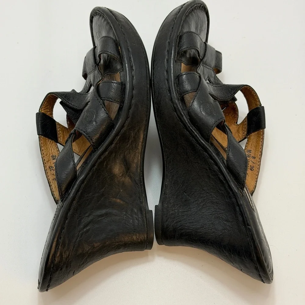 Born Black Leather Strappy Ascot Wedge Sandals Womens 8 M/W W3309 K6 Slide Mules
